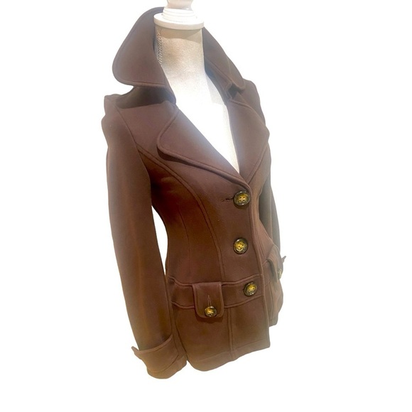 Patrizia Luca 100% Cotton brown button down pea coat big notched collar medium - Picture 2 of 11